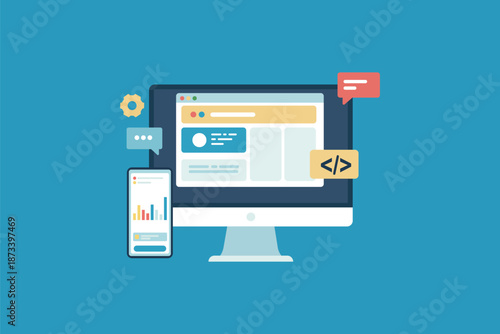 Responsive Web Development Dashboard with Analytics on Desktop and Mobile Vector
