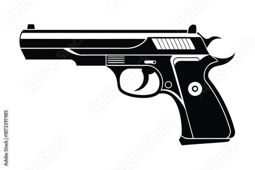 Classic Revolver Firearm Silhouette in Black and White Graphic Vector Illustration