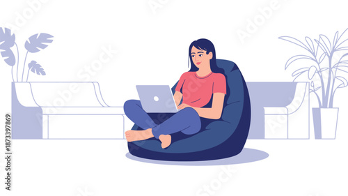 A woman sitting comfortably on a bean bag chair with her laptop