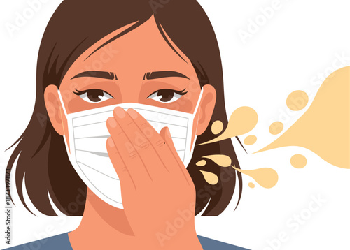A woman wearing a face mask covering her mouth while coughing