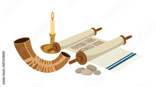 A traditional Jewish Torah scroll with a shofar and stones on a white background