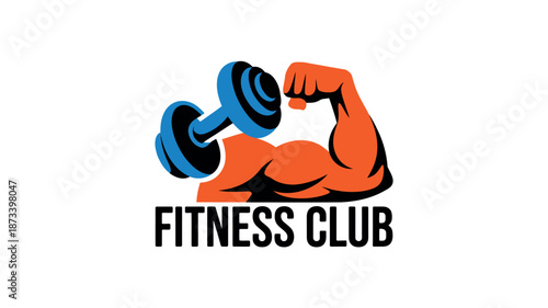 A fitness club logo with a muscular arm holding a dumbbell