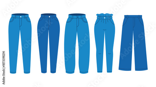 A collection of various blue pants on a white background
