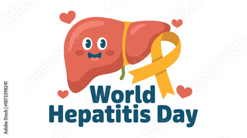 A cartoon liver with a yellow ribbon for World Hepatitis Day awareness