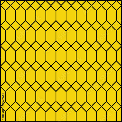 Black grid pattern created from diamonds and irregular hexagons on a neon yellow background