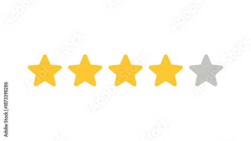 Four star rating with one grey star in simple flat design on white background for customer review