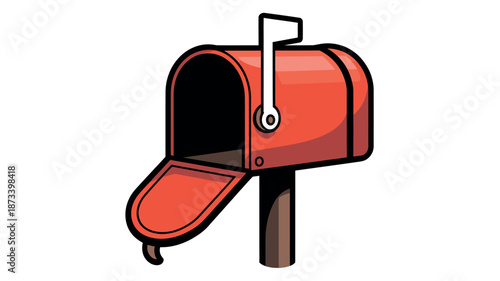 A cartoon red mailbox with its lid open on a post