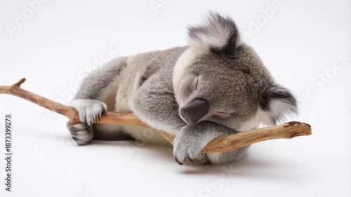 Sleepy koala hugging branch in peaceful slow motion nap sequence