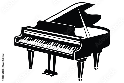 Sharp black and white piano silhouette on a white backdrop