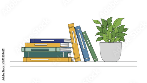 Cozy home decor graphic featuring a selection of colorful books and a lively green plant on a pristine white shelf, representing learning.