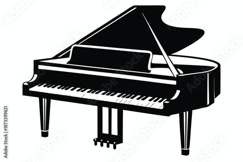 Minimalist black and white silhouette of a piano on a white background
