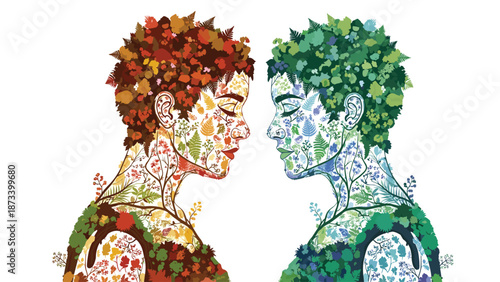 Ethereal depiction of human forms intertwined with rich autumnal and fresh green foliage, symbolizing earth, seasons, and natural balance.