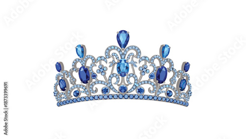 Magnificent silver crown embellished with brilliant diamonds and striking blue jewels, perfect for regal and sophisticated designs.