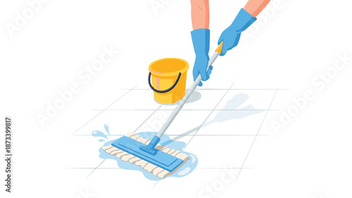 Hygienic cleaning concept with hands wearing blue gloves, efficiently mopping a wet tiled floor next to a bright yellow bucket.