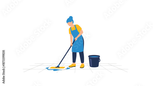 Hardworking individual wearing an apron and yellow footwear, diligently cleaning a floor with a mop and bucket, representing household chores.