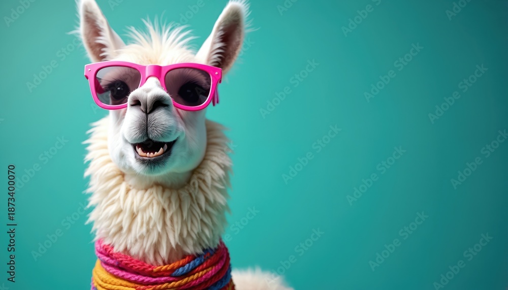 Fototapeta premium Stylish llama wears pink sunglasses and a colorful scarf. This funny animal has a quirky, cheerful expression against a bright teal backdrop, looking directly at the camera.