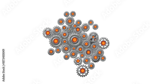 Intricate cluster of interlocking silver gears with glowing orange centers, representing complex mechanical systems and industrial precision.