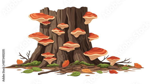 Tree stump adorned with orange bracket fungi and surrounded by fallen autumn leaves and twigs, depicting forest life and natural decomposition.