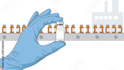 Gloved hand holding a clear medicine vial, with a pharmaceutical factory production line in the background, representing vaccine manufacturing.