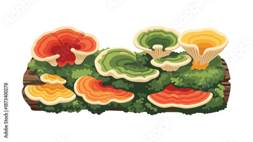 Forest log richly covered in green moss and an array of colorful bracket fungi, highlighting the vibrant diversity of woodland ecosystems.