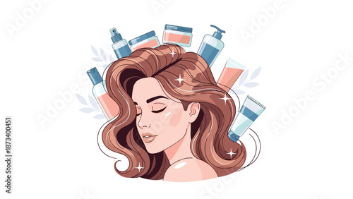 Peaceful woman's face with closed eyes and luscious, flowing hair, surrounded by various hair care products, representing beauty and self-care.