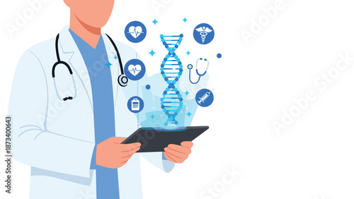 Doctor in a white coat holding a digital tablet, with a glowing DNA helix and various medical icons, symbolizing genetic research and modern healthcare.