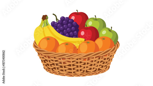 Charming wicker basket brimming with a vibrant assortment of fresh fruits including bananas, grapes, apples, and oranges, promoting healthy eating.