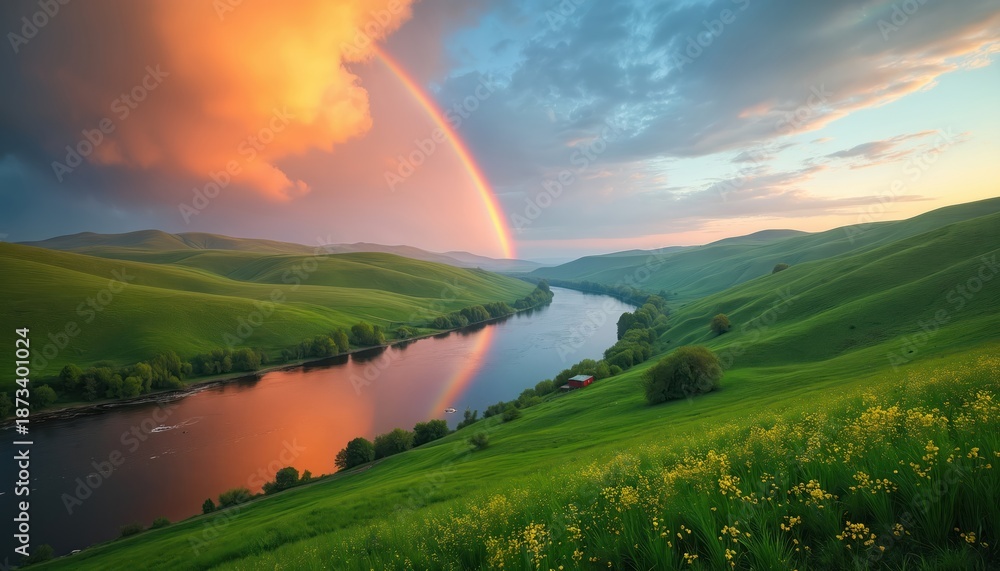 Fototapeta premium Rainbow arcs above river, hills on horizon. Colorful sky meets green grass. River reflects sky tint. Clouds, sunbeams in scene. Calmness in nature. Idyllic beauty with vibrant color palette nature