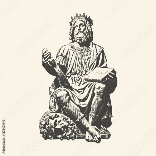 Regal Seated King Holding Sword and Book Vintage Engraving Royal Statue Illustration