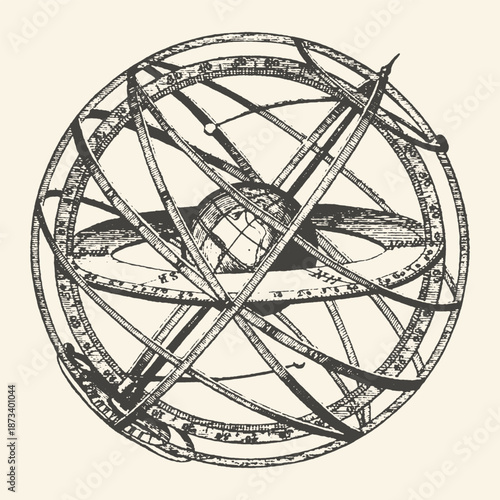 Vintage Armillary Sphere Illustration Celestial Globe and Astronomical Map Drawing