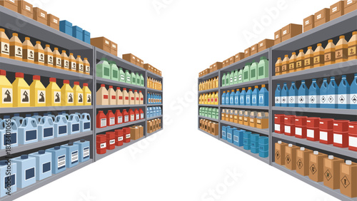 Extensive warehouse aisles lined with shelves of diverse and colorful industrial chemical containers, illustrating hazardous material storage and logistics.
