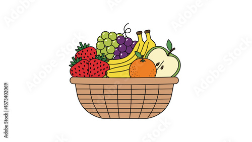 Simple wicker basket filled with an appealing selection of fresh fruits including strawberries, grapes, bananas, an orange, and an apple, perfect for healthy snacking.