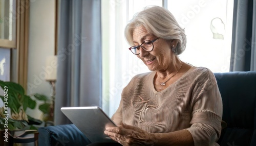 Senior Woman Enjoying Tablet at Home with Natural Light.