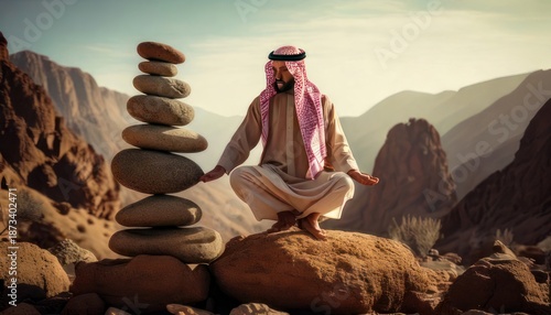 Serene Arab man meditating amidst desert landscape with balanced stones.
