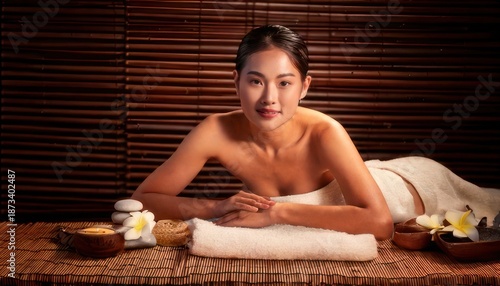 Serene Asian Woman Relaxing at Spa with Flowers and Towels.