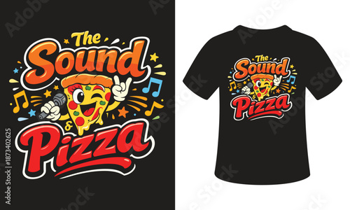 Vibrant pizza t-shirt design with cartoon slice and music notes
