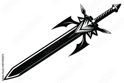 Medieval Longsword Black Silhouette Illustration - Ancient Weapon Vector Icon on White Background