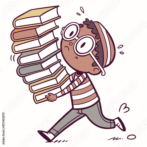 Stressed student running with huge stack of heavy textbooks, academic pressure cartoon