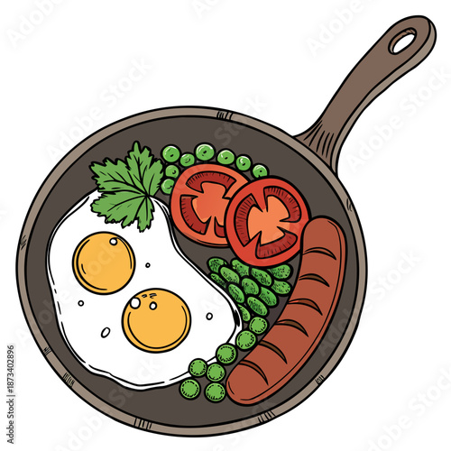 Hearty breakfast illustration with fried eggs sausage tomatoes in frying pan