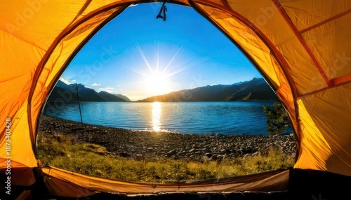 Serene Lakeside Sunrise View from Inside a Cozy Camping Tent.