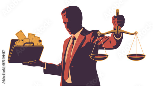 A businessman balancing money and justice in a symbolic illustration of ethics