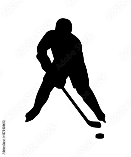 Ice hockey player silhouette dribbling puck with stick