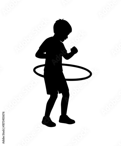 Boy child silhouette playing with hula hoop, fun exercise and activity