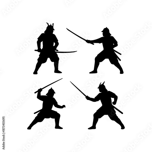 Samurai japanese warriors set with katana swords silhouettes on white