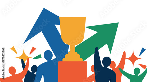A group of people celebrating with a trophy and colorful arrows pointing up