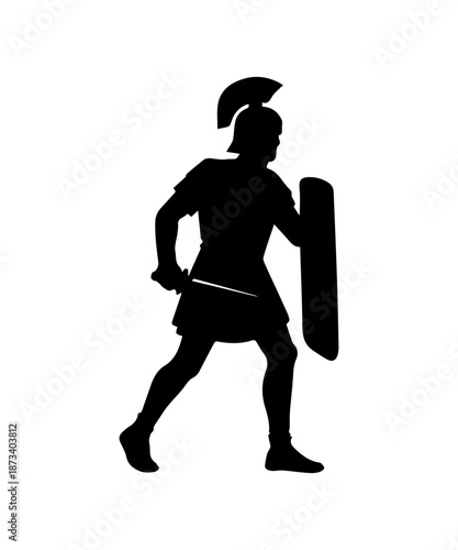 Roman soldier silhouette holding weapon and shield