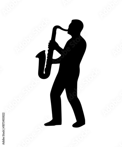 Musician playing saxophone silhouette on white background