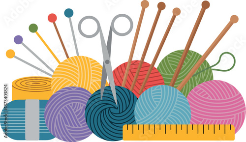 A colorful collection of yarn balls and knitting tools on a white background