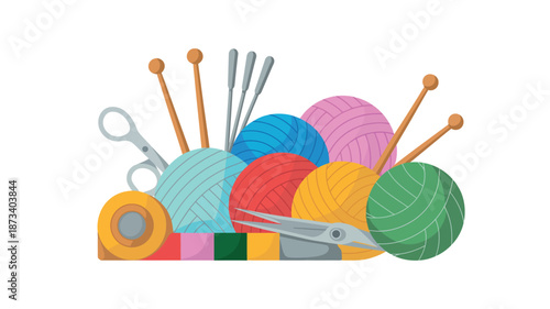 A colorful collection of yarn balls and knitting tools on a table