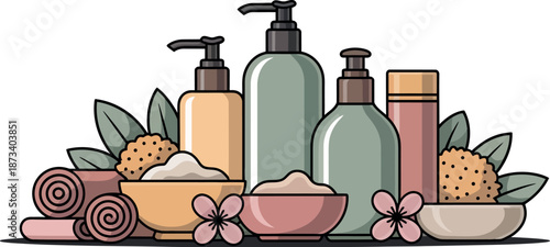 A collection of spa products and towels on a white background